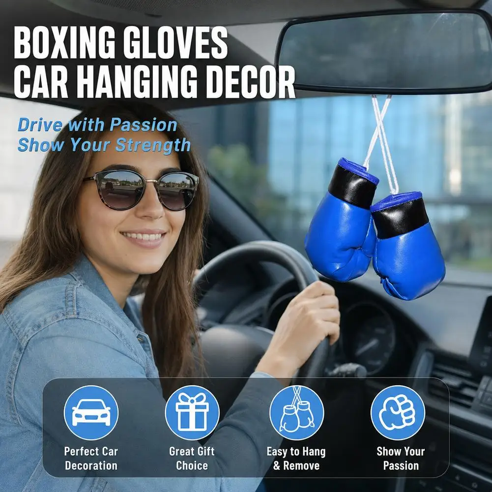 Mini Boxing Gloves Car Rearview Mirror Hanging Ornament Blue Leather Decorative Pendant Sports Training Gift Accessories