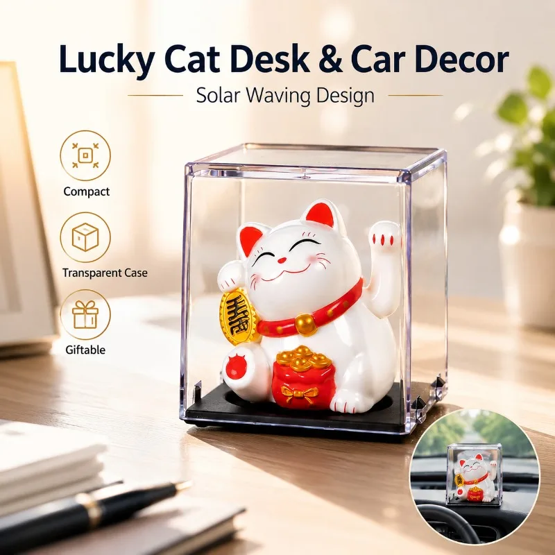 Mini Solar Lucky Cat Waving Arm Decor, Maneki Neko Feng Shui Style Ornament with Dust Cover for Car Dash Office Desk Shelf Gift