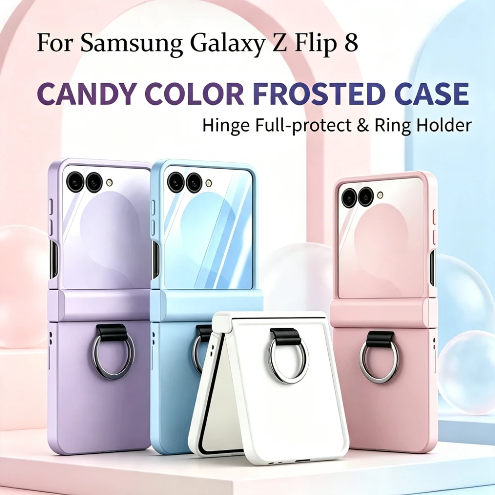 Minimalist Texture Folding Phone Case for Samsung Z Flip 8 7 Fe 6 5 Ring Holder Glass Screen Film Hinge Anti-Drop Protect Cover