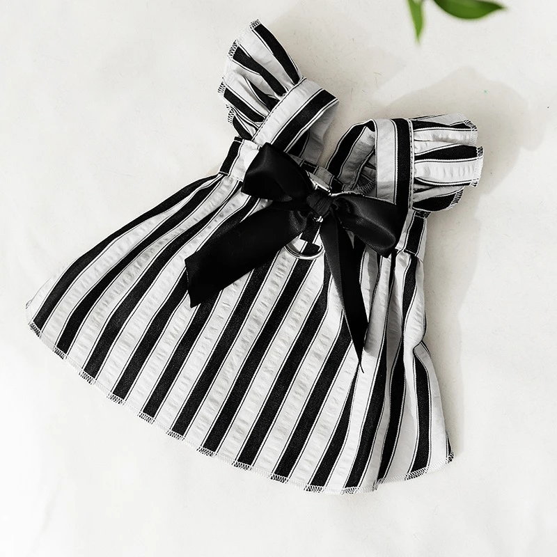 

Popular Vertical Striped Dog Clothes Summer New Teddy Dress Big Bow Traction Pet Skirt Small Dog Bichon Frise Two Legs Clothes