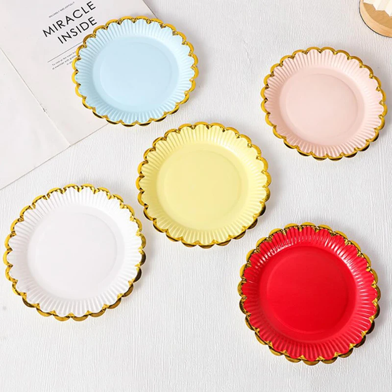 10pcs white/yellow/Blue/Red Solid Disposable Tableware Set Party Supplies Paper Plates Cups Wedding Birthday Party Decor Adult F