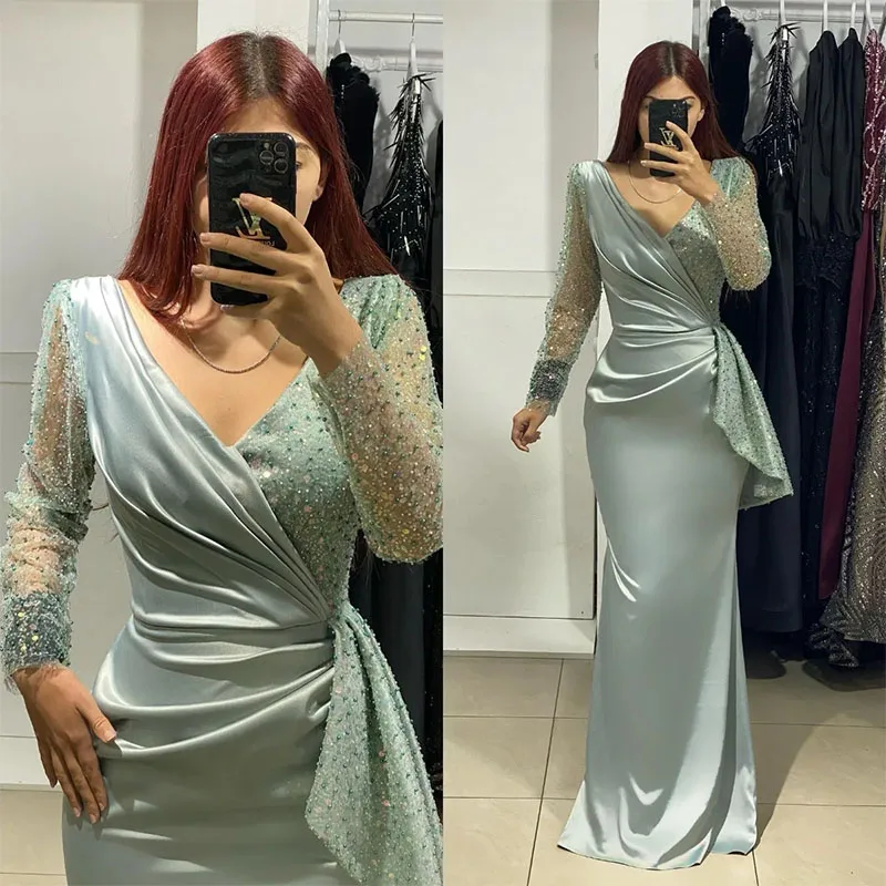 Elegant Mermaid Muslim Evening Dresses V Neck Sequins Long Sleeves Dress Pleats Waist Special Occasion Formal Dresses for Women