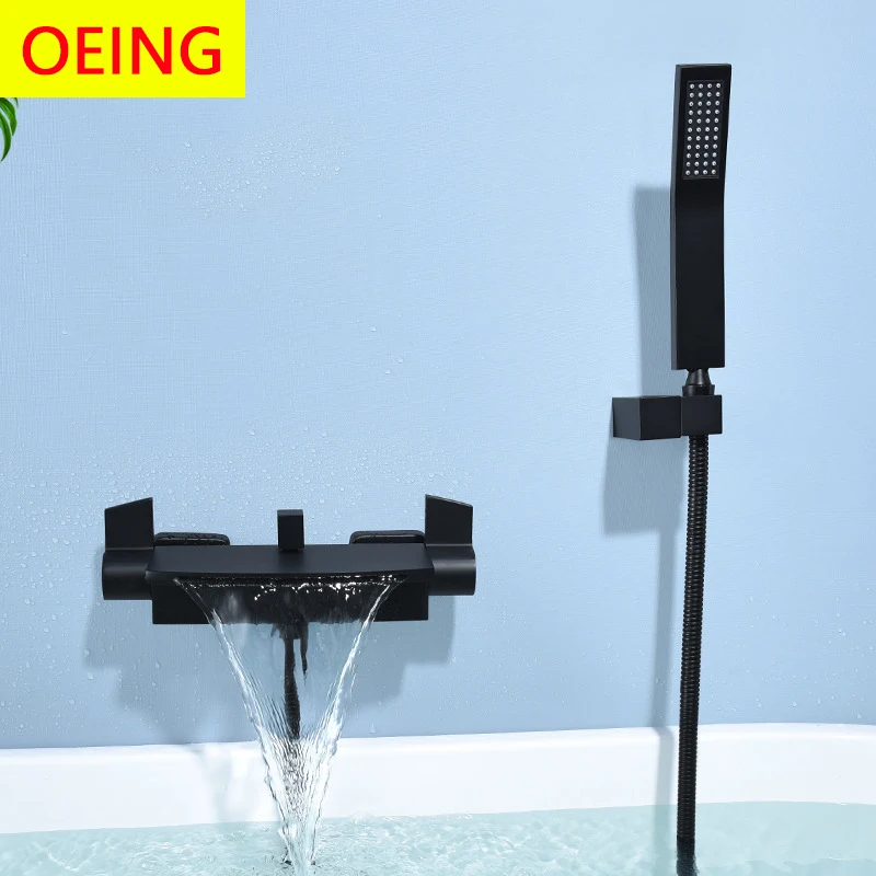 Surface Mounted All Copper Black Tub Edge Type Bathtub Faucet Wall Mounted Shower Cold And Hot Mixed Water Waterfall Faucet