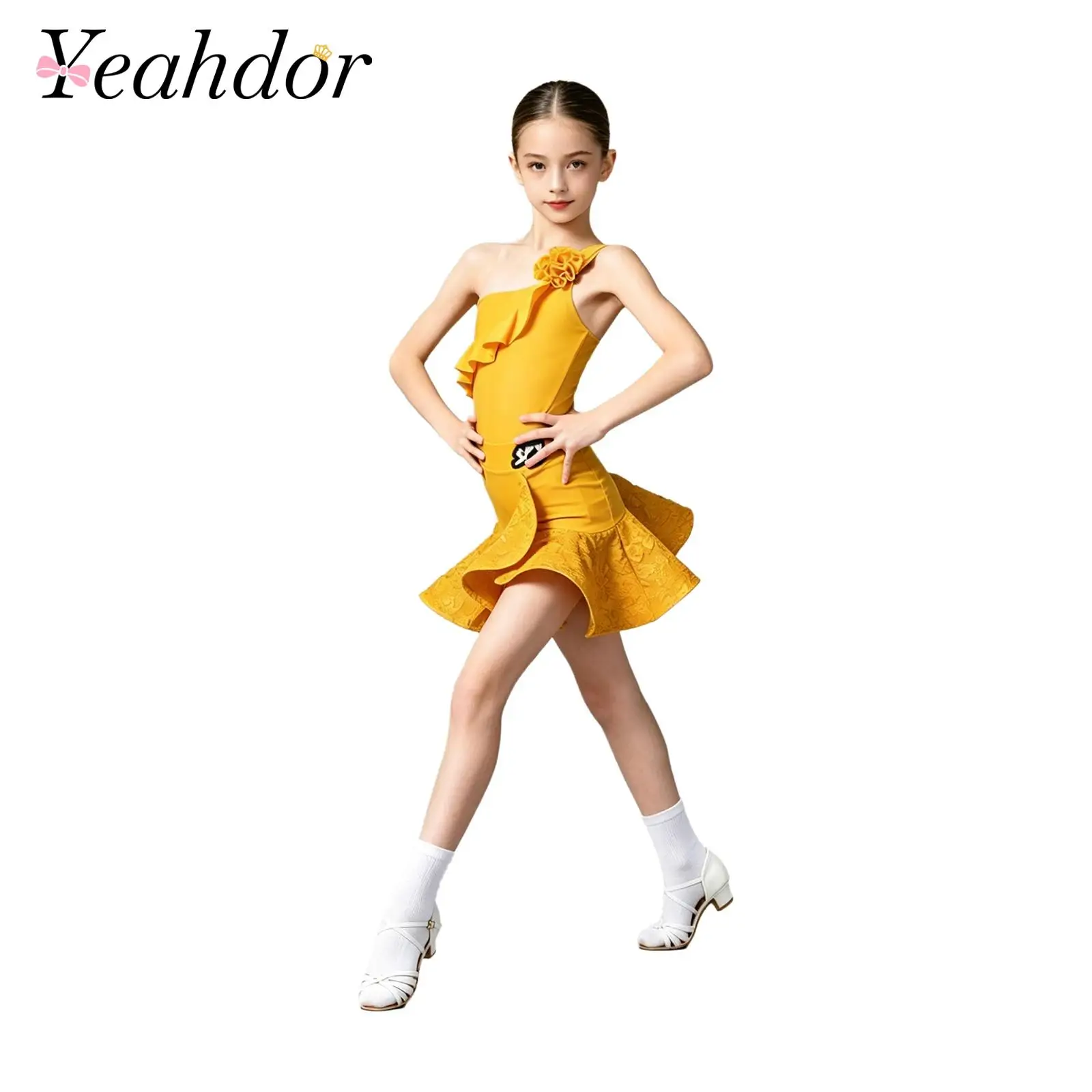 Kids Girls Tango Dresses One Shoulder Ruffled Latin Dance Dress Cha-cha Salsa Ballroom Dancing Practice Performance Costume