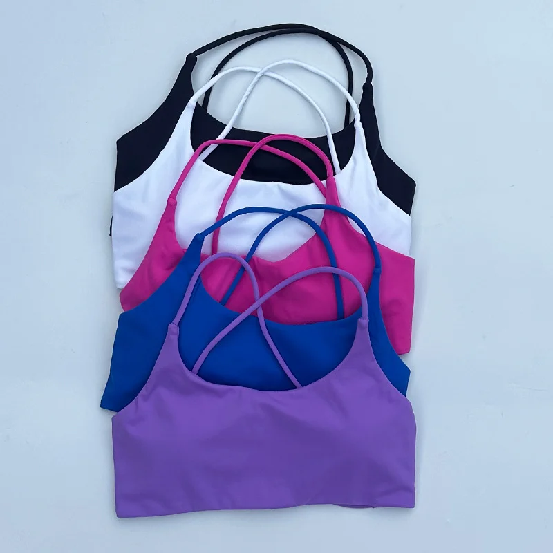Sexy Soft Fitness Sport Bra Spaghetti Strap Cross Back Hollow Women Top Tight Gym Yoga Underwear Athletic Workout with Chest Pad