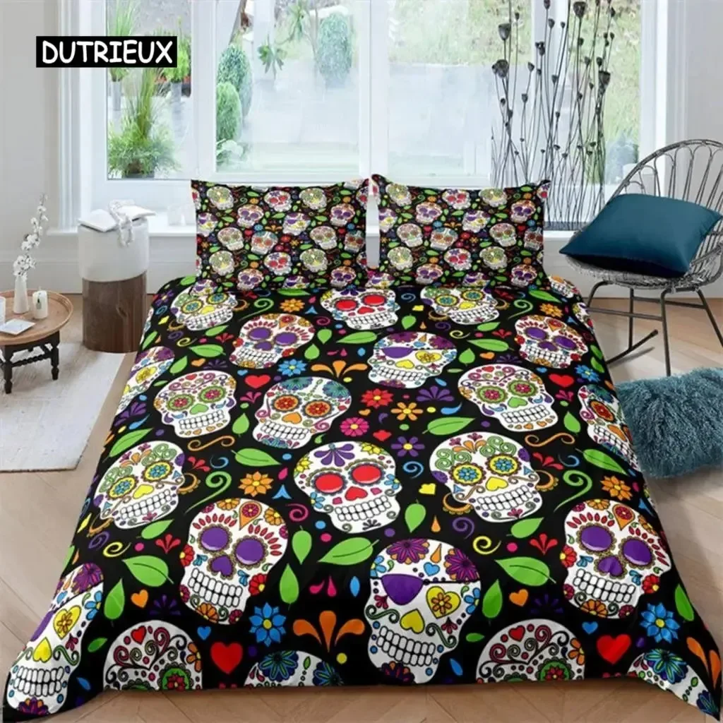 Sugar Skull Duvet Cover Gothic Skeleton Bedding Set Halloween Floral Comforter Quilt Cover Set Twin Full for Girls Kids Teens