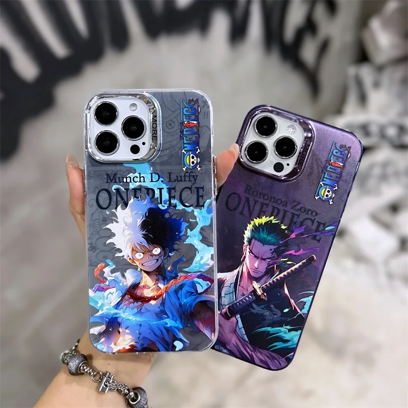 Cartoon Anime O-One Piece Electroplated Silver Phone Case For iPhone 15 14 12 13 11 Pro Max Luffy Zoro Matte Shockproof Cover