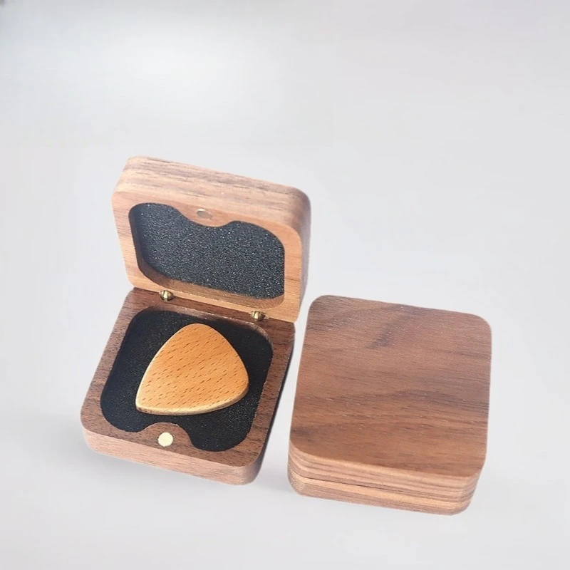 Square Black Walnut Guitar Pick Storage Box Portable Wooden Holder With Soft Liner Fit Various Multiple Guitar Picks