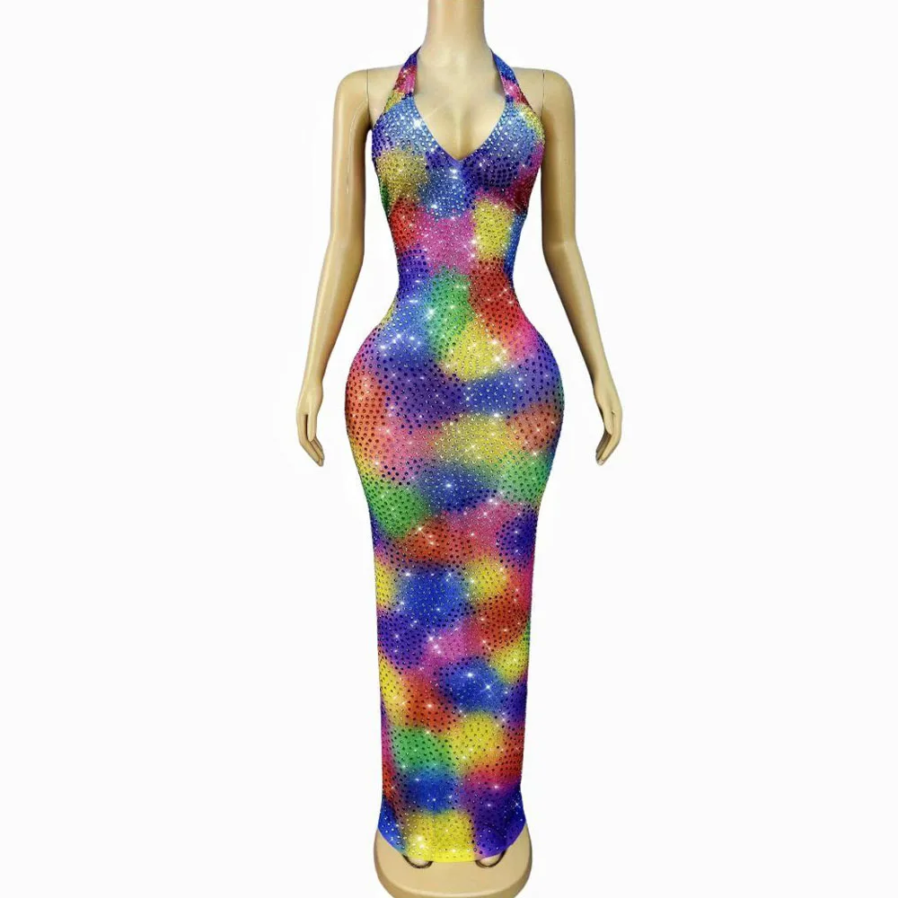 

Сексуальное многоцветное блестящее сетчатое платье со стразами и v-образным вырезом на спине, женское вечернее платье для выпускного вечера, сценический наряд для красной ковровой дорожки