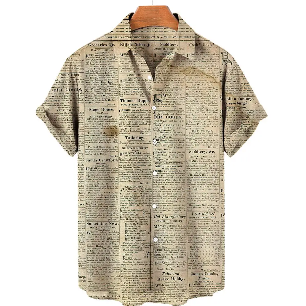 News Papers Graphic Shirts for Men Clothing 3D Printing Hawaiian Beach Shirts Short Sleeve y2k Tops Vintage Clothes Lapel Blouse