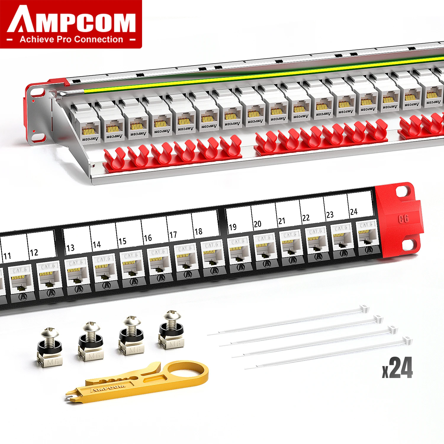 AMPCOM 24-портовая патч-панель сквозного соединения RJ45 с задней планкой, настенным креплением или креплением в стойку, CAT5E, CAT6, CAT6A UTP