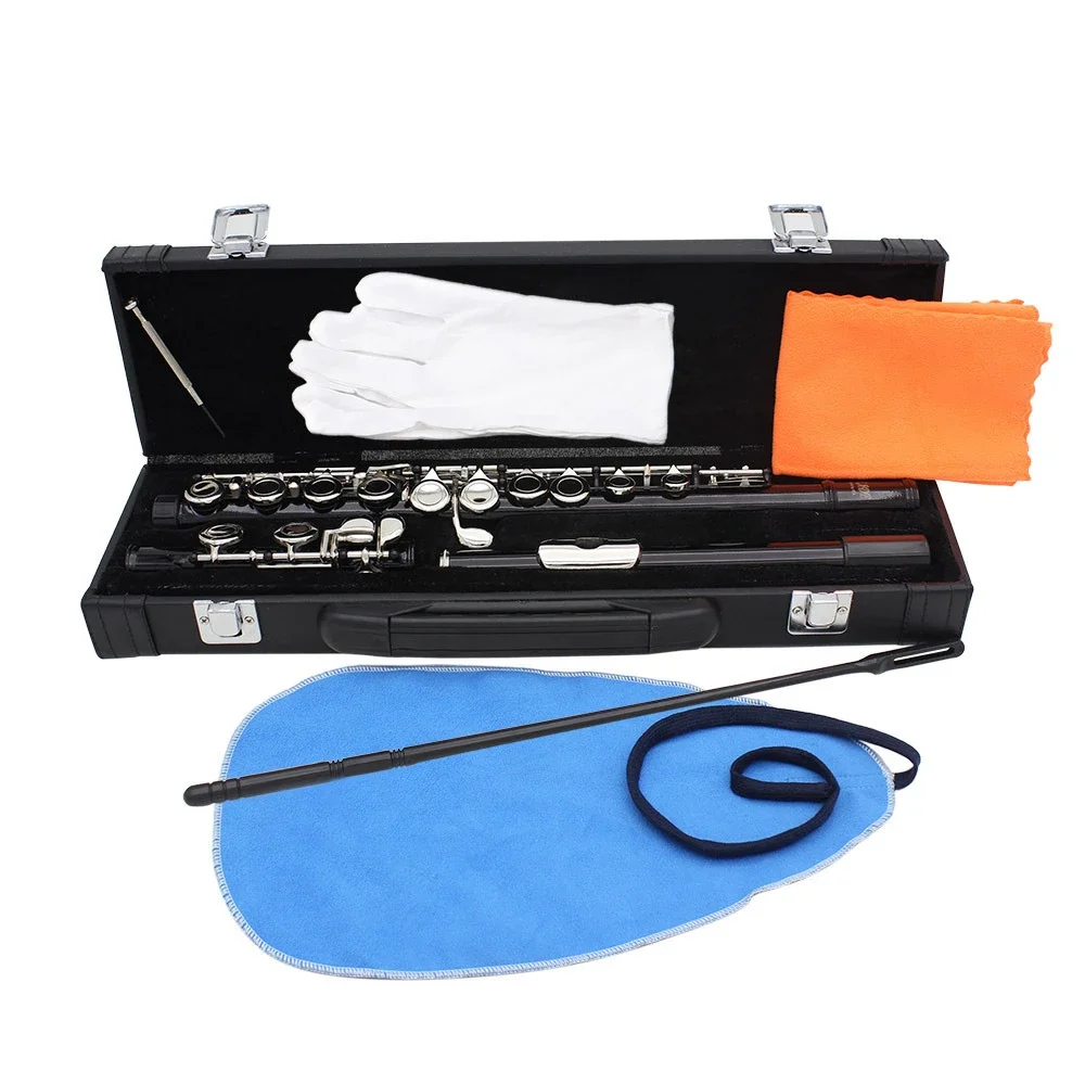 Neutral 16-hole flute E key C whitening brass body black flute student beginner grade playing instrument free leather box