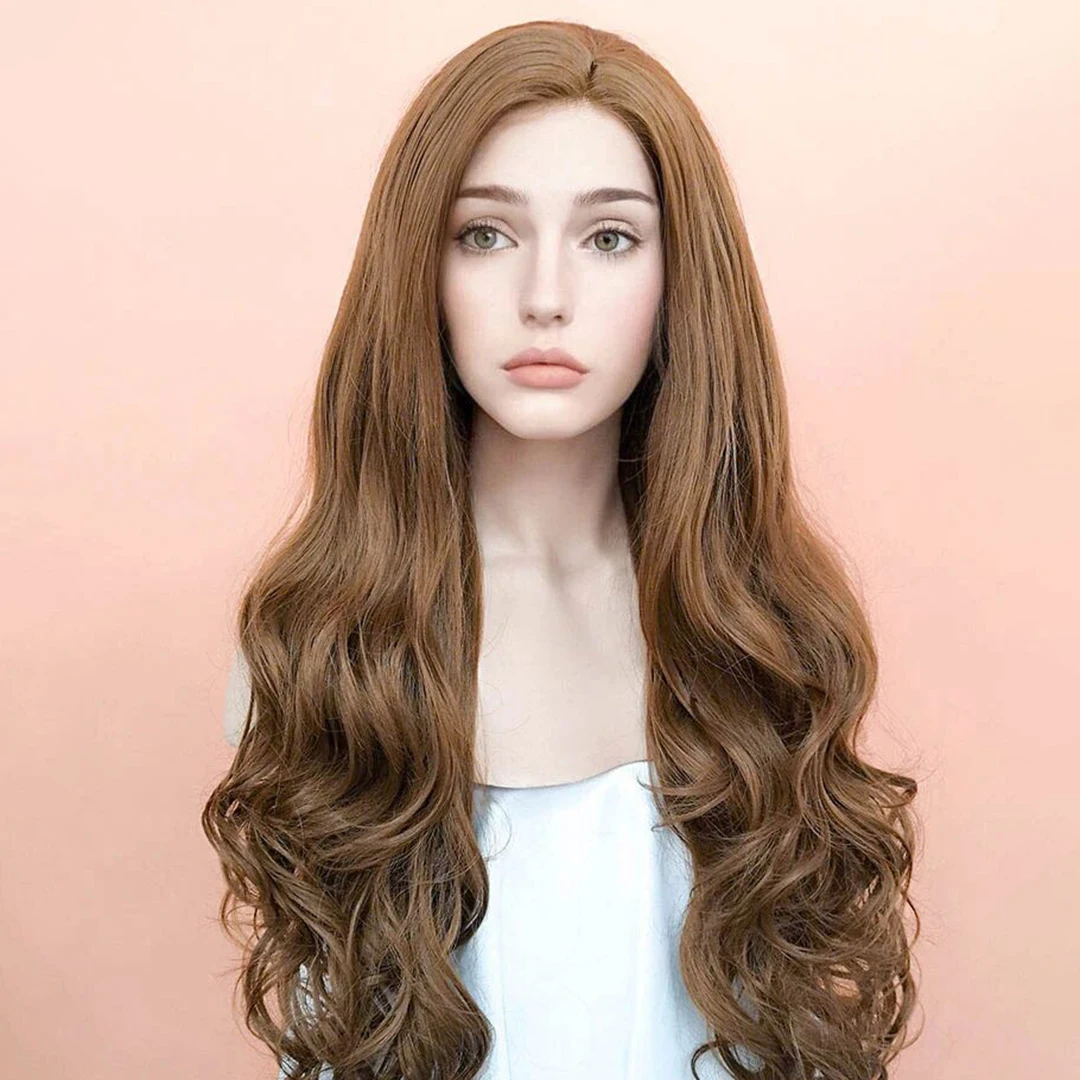 Caramel Brown Long Wavy Synthetic Hair 13x4 Lace Front Wigs with Baby Hair Natural Transparent Lace Wigs for Black Women