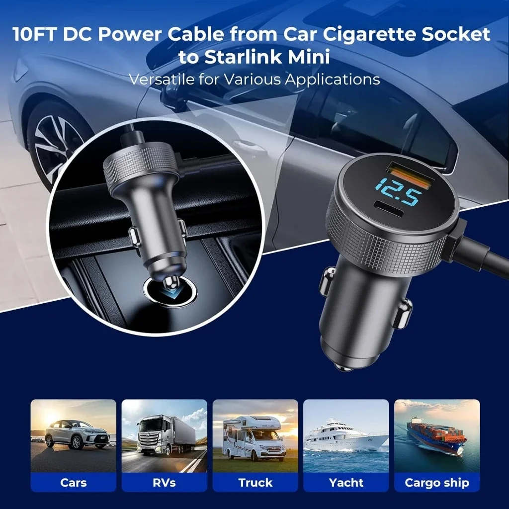 Starlink Mini 3-in-1 Car Charger with Digital Display Cigarette Lighter Adapter DC Power Cable 12V-24V Universal Car Adapter