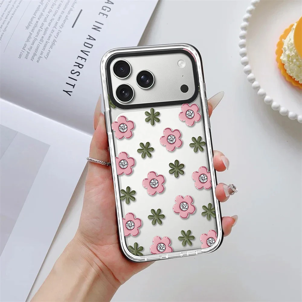 Full Screen Pink Green Flowers White Border Magnetic Cover for IPhone 13 14 15 16 17 Pro Max Case for IPhone 17Pro