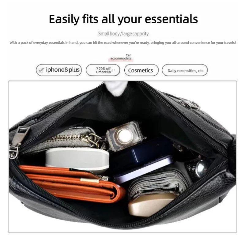 Damen Crossbody-Handtasche aus PU-Leder, große Kapazität, mit mehreren Fächern, schwarze geprägte Umhängetasche für Ausflüge und Partys – Detail 2