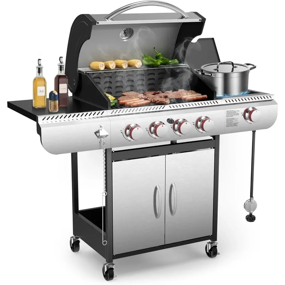 

Gas BBQ Grill with Side Burner, Porcelain-Enameled Cast Iron Grates, Baking Pan, 42,000 BTU Stainless Steel Propane Grill