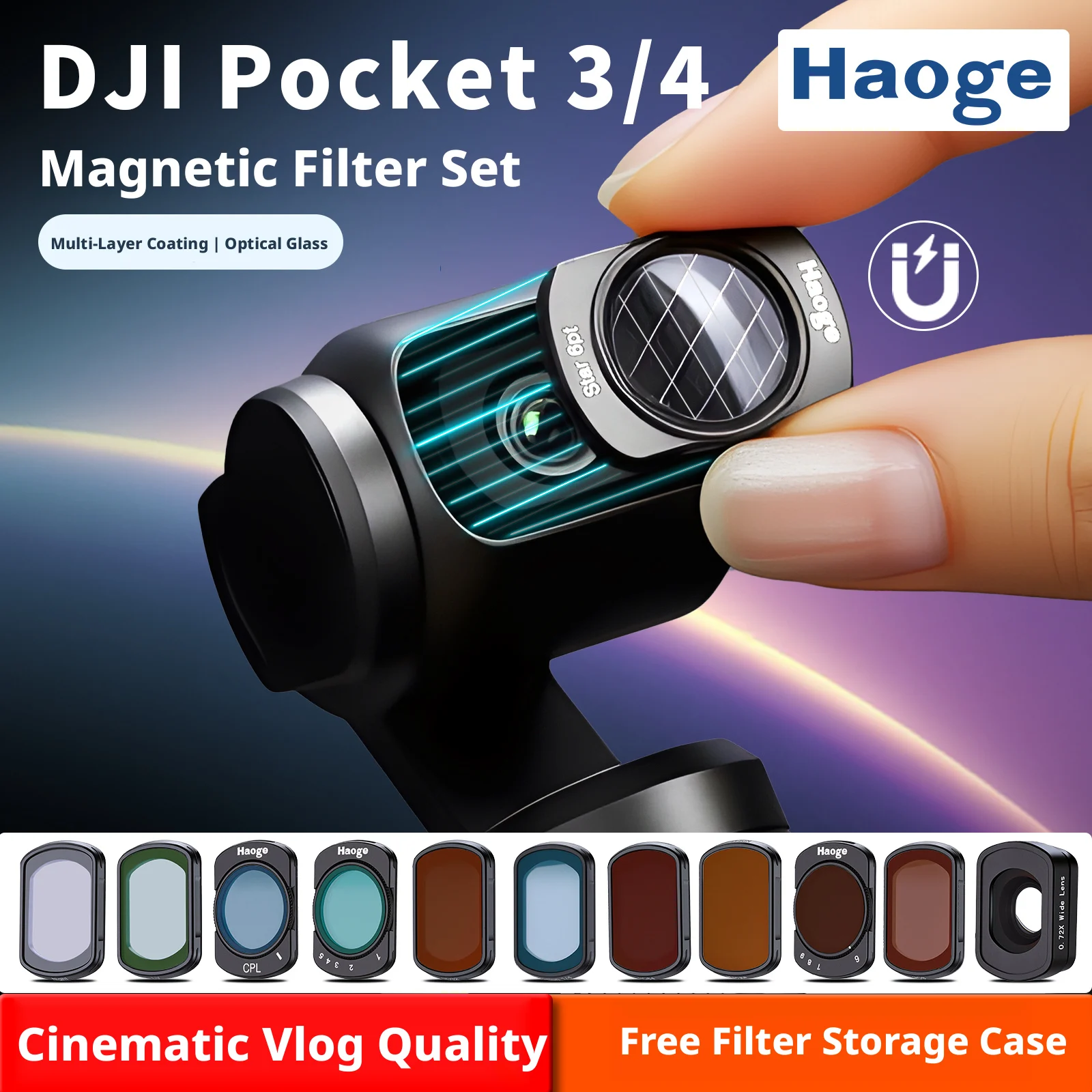 

Фильтры Haoge для DJI Osmo Pocket 4/3: магнитные CPL, UV, черные диффузионные 1/4, ND8/64/256, ND2-32, ND64-512, фильтры для снижения уровня светового загрязнения