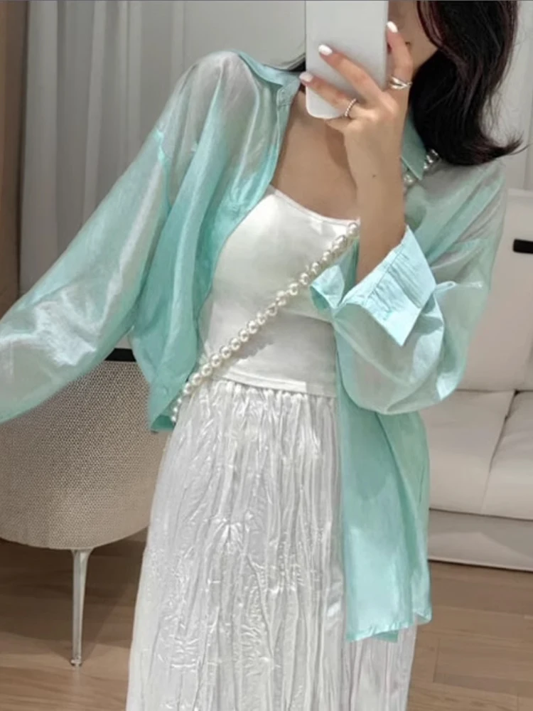 Printemps soie lâche femmes irt Protection solaire col Long Sve Polyester Fiber 2024 nouveau Sle trajet Sle couleur Pure