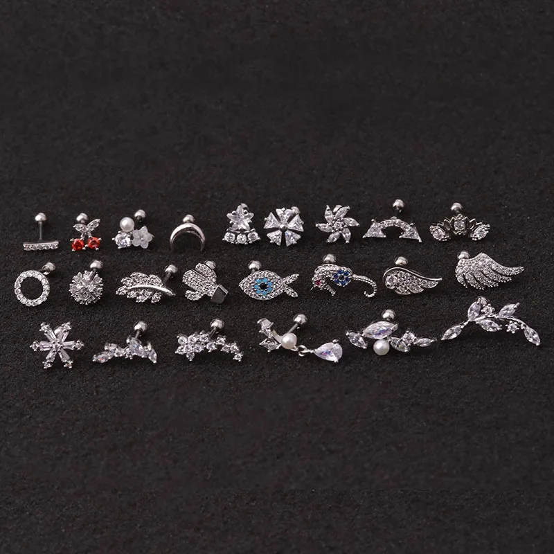 46pcs Beautifu Earring Ear Piercing Creative Screw Stud Inlaid with Zircon Fashion Crystal Jewelry Leaf Copper Flower