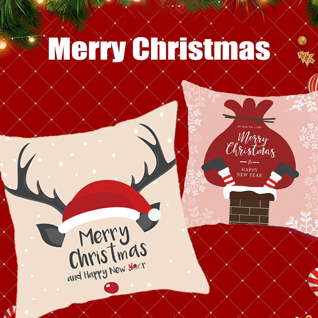 Throw Pillow Cover Christmas Elements Printing Pillowcase Decoration Polyester Washable Sofa Pillowslip, Type 14