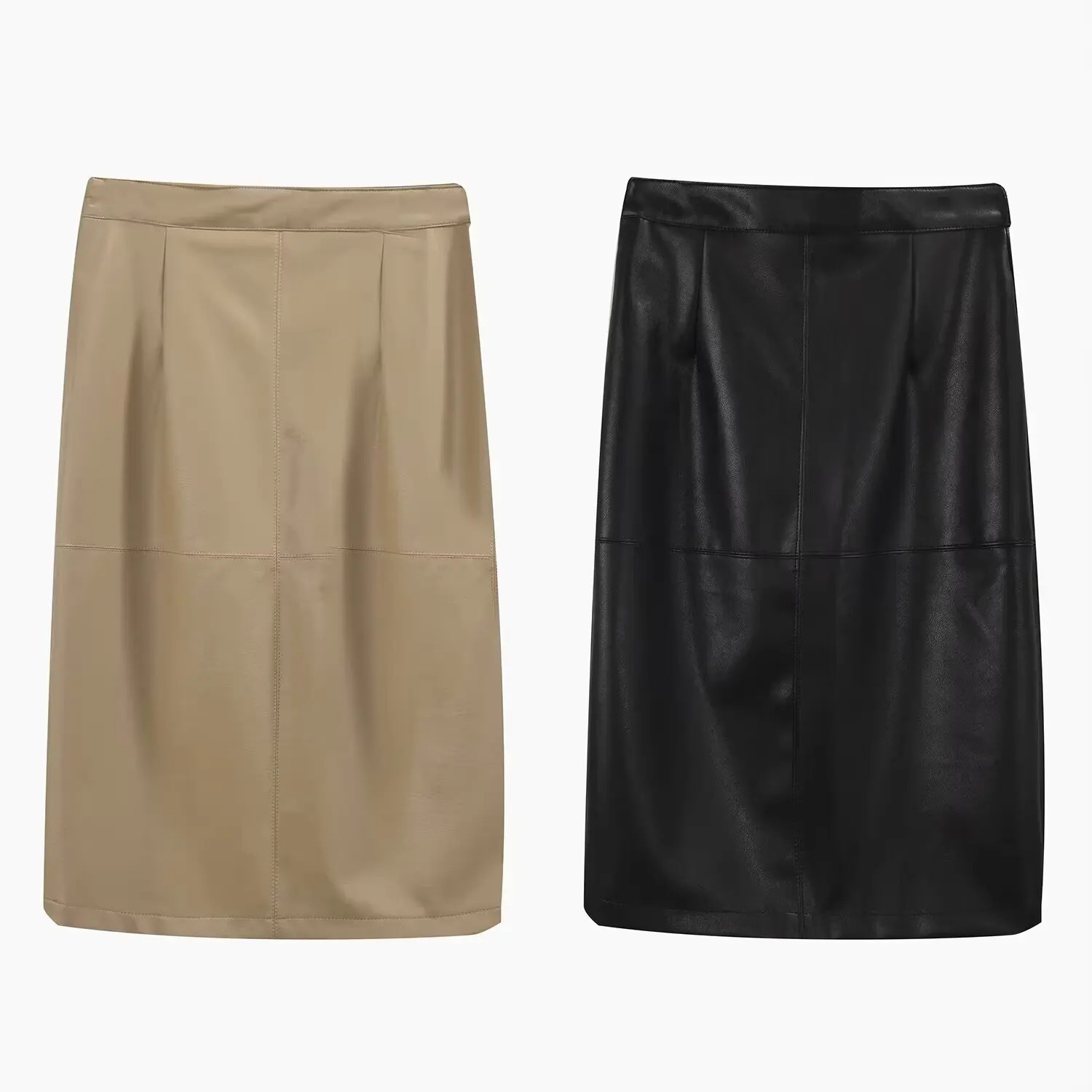 

Women's new Chic fashion Split design solid color slim versatile imitation leather MIDI skirt retro high waisted women's skirt