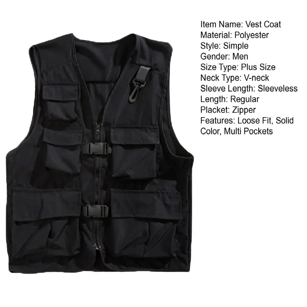 Men Vest Coat V-neck Sleeveless Cargo Multi Pockets Veat Zipper Buckle Placket Waistcoat Outerwear Autumn Spring Male Clothes