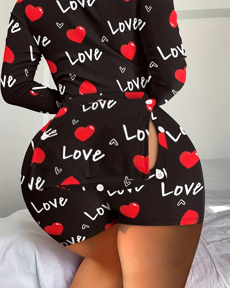 Women's Romper Fashion Summer Casual Letter Pattern Printed V-neck Long Sleeve High Waist Button Back Flip Skinny Jumpsuit