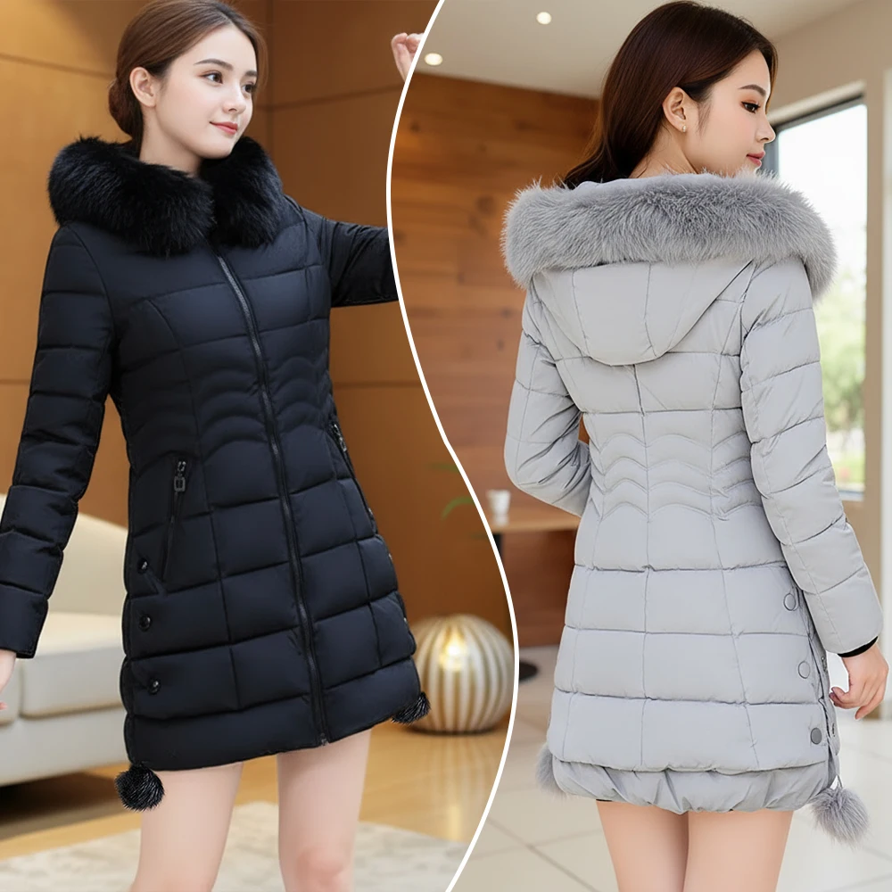 

Women's Cold Weather Essential 2025 Autumn Spring Long Down Coat in Solid Hue with Detachable Faux Fur Collar Secure Zipper