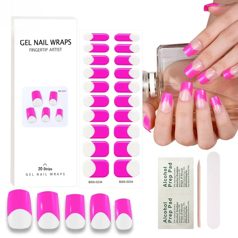 20 Strips Semi Cured Gel Nail Stickers Set for UV Lamp Full Cover French Colorful Manicure DIY Women Fashion Nail Art Decoration