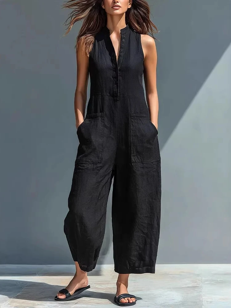 Katoenen en linnen jumpsuit Dames met opstaande kraag, mouwloze zak, hoge taille, wijde pijpen, jumpsuits, casual damesbodysuits voor woon-werkverkeer - afbeelding 2