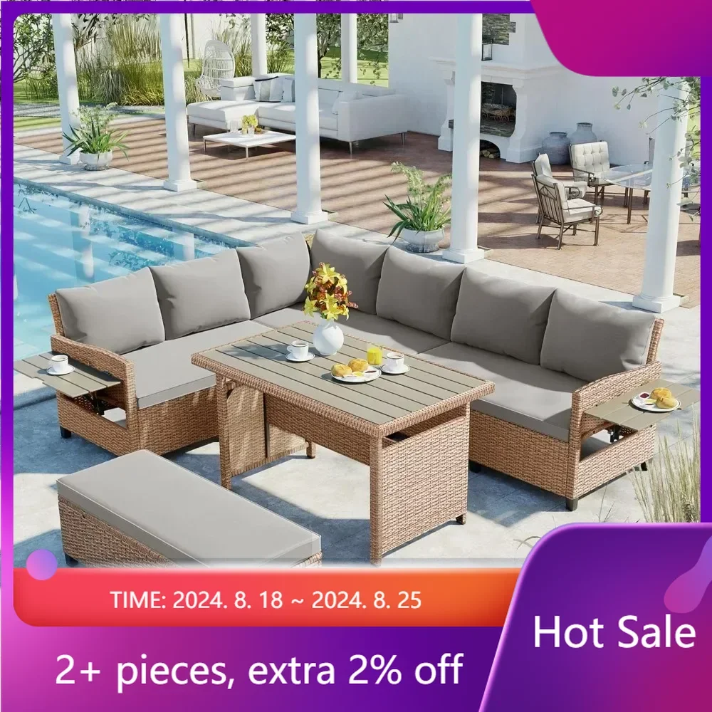 

Sectional PE Wicker L-Shaped Garden Furniture Set With 2 Extendable Side Dining Table and Washable Covers for Backyard Indoor