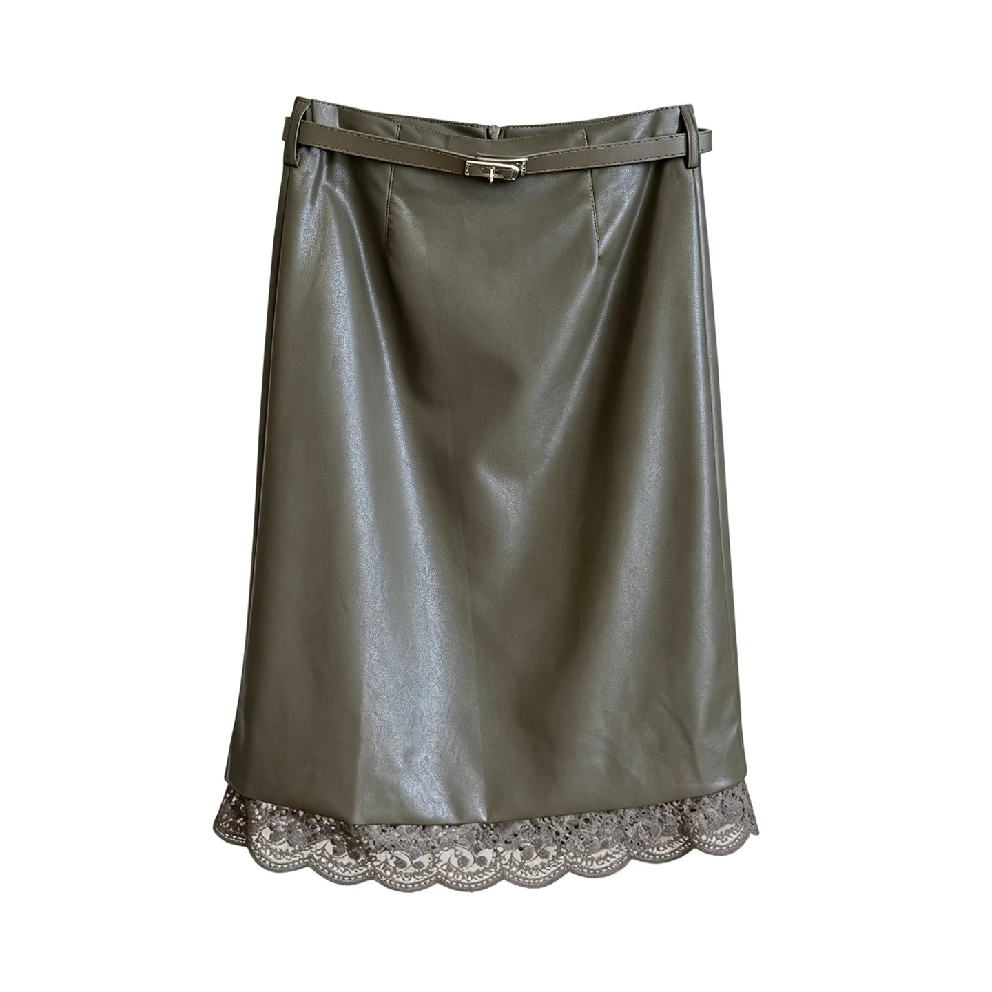 Fashion Lace Splicing PU Leather Skirt Women's Autumn New High Waist Split Straight Skirt