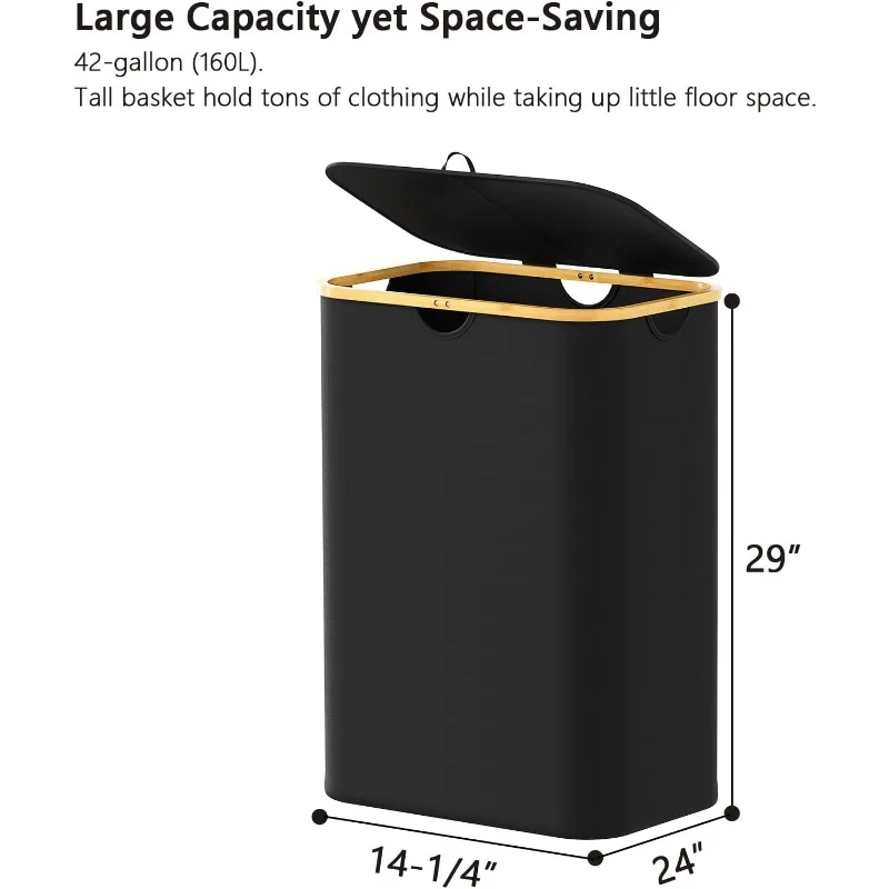 

Double Laundry Hamper 2 Section With Lid And Removable Laundry Bags, 160L Clothes Basket With Bamboo Handles, Large Col