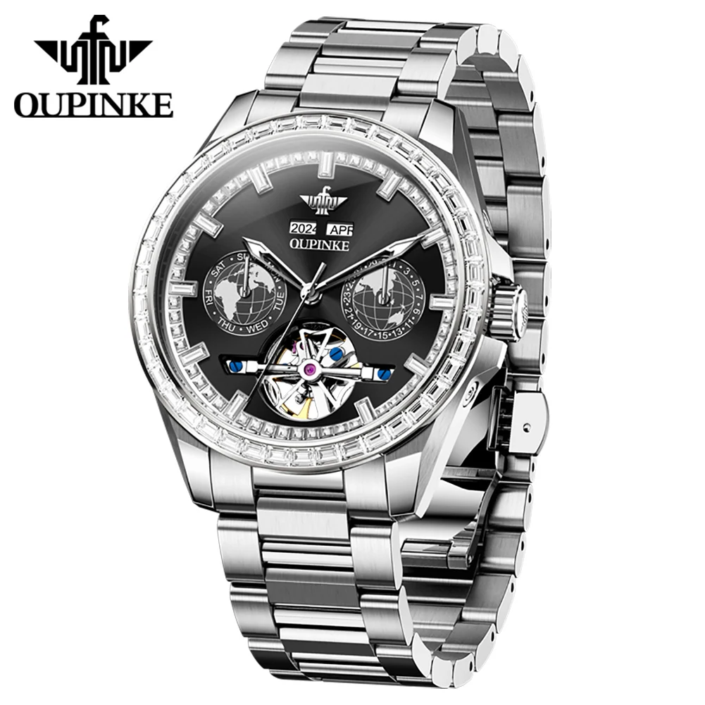 OUPINKE 3280 Diamond Hollow Flywheel Multifunction Automatic Mechanical Watch for Men Luxury Brand Original Man Dress Wristwatch