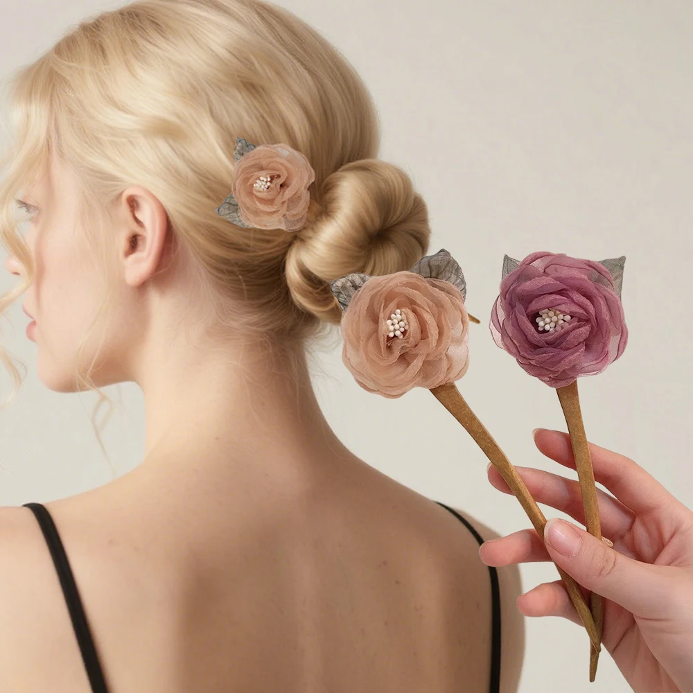 Neue Rose Haar Stick Brötchen Blume für Frauen Mädchen Elegante Holz Haar Gabel Chinesischen Stil Mode Haarnadel Haar Zubehör Kopfbedeckungen