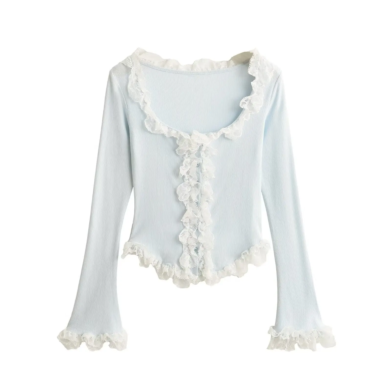 2025 New French Style Lace Peter Pan Collar U Neck Bell Sleeve Blouse