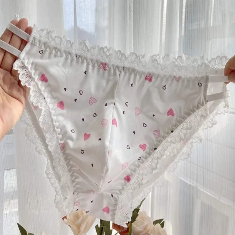 Men's Lace Underwear Elastic Comfortable Heart Sexy Briefs Convex Pouch Design Ruffle Sissy Comfortable Soft Party Panties