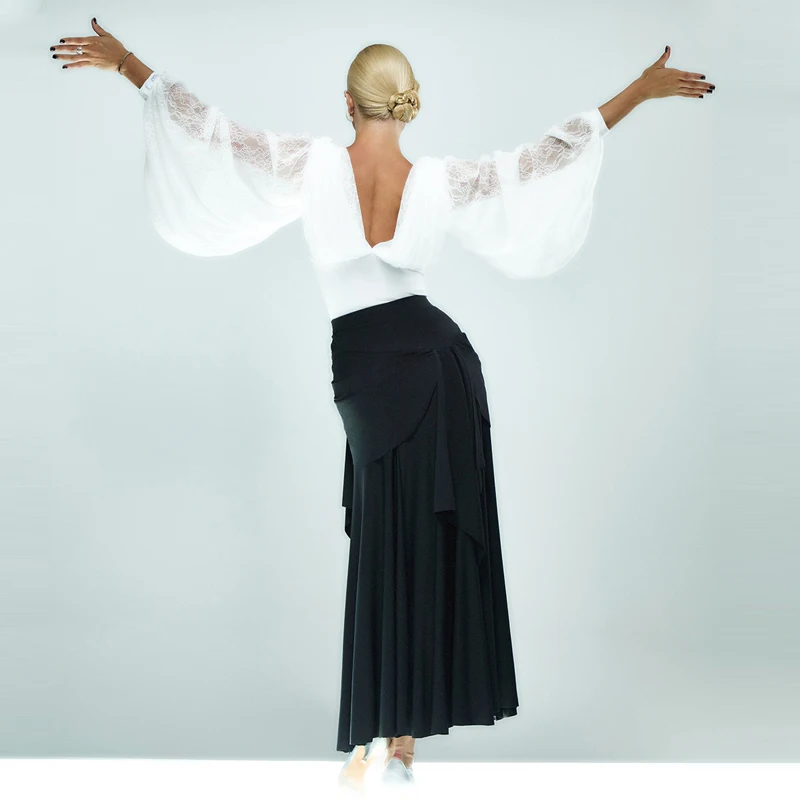 Costume de danse latine Rumba pour adultes, haut à manches chauve-souris, jupe de danse moderne, vêtements de danse pour salle de bal, costumes d'entraînement SL13132