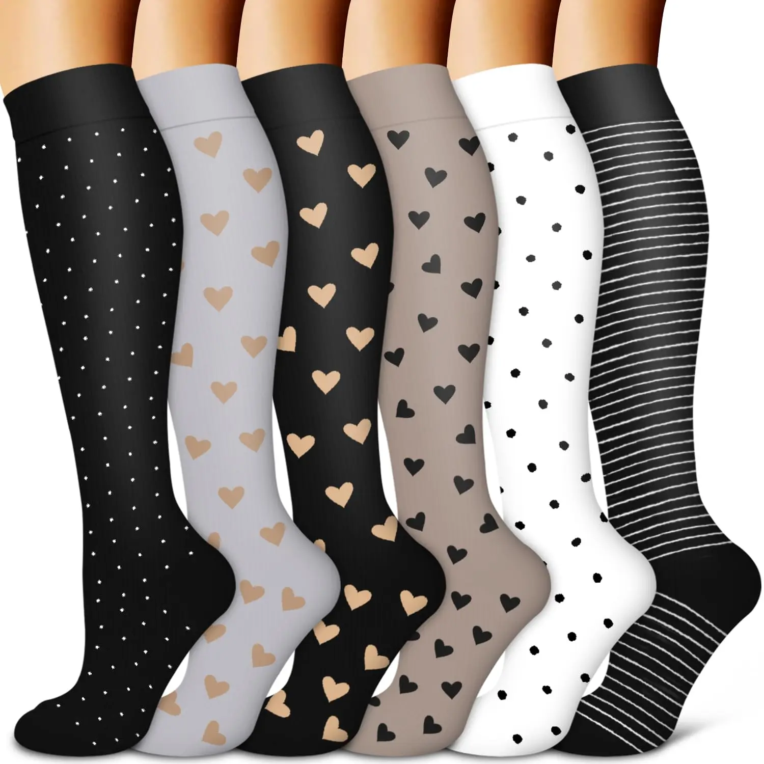 

6 Pairs Golden Color Heart Compression Socks Women Nurse Compression stocking Fashion Girl Women Compression Socks Nurse