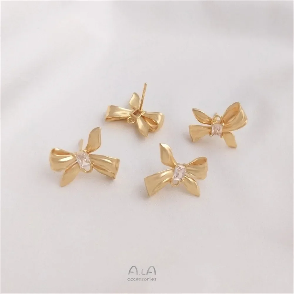 14K Gold Rectangular Zirconium Fashion Bow with Rings Earrings 925 Silver Needle Handmade Diy Earrings E253