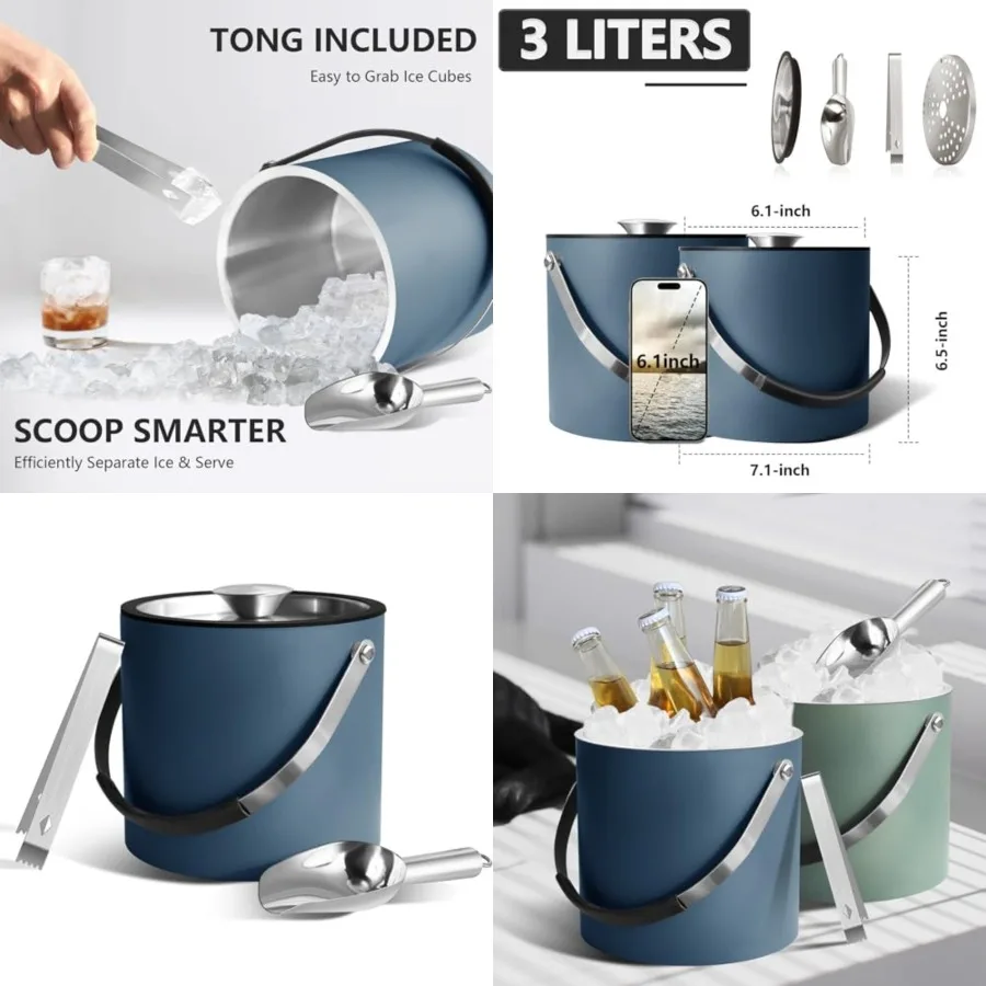

Bakpoco 3L Ice Bucket with Silicone Lid, Scoop, Tongs Strainer, Stainless Steel Double Wall Insulated Ice Buckets for Parties C