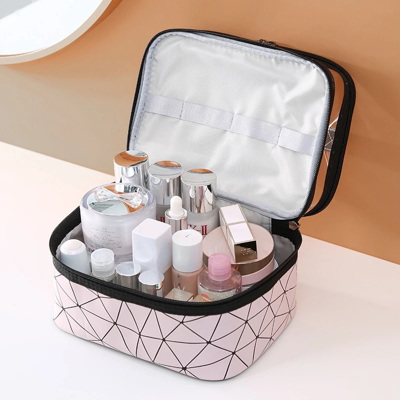 Tas Kosmetik Transparan Ganda Multifungsi Kotak Rias Wanita Penyimpanan Kecantikan Perlengkapan Mandi Organizer Rias Perjalanan Kapasitas Besar