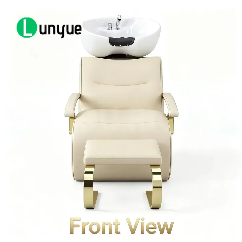 Beige Shampoo Chair with Ceramic Basin Reclining Hair Washing Station for Spa Comfortable Durable Professional