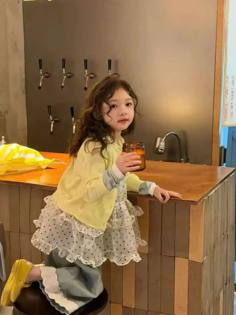 Girl's Korean Style Spring Set 2026 New Children's Western Style Polka Lace Strap Top Wide Leg Jeans 2