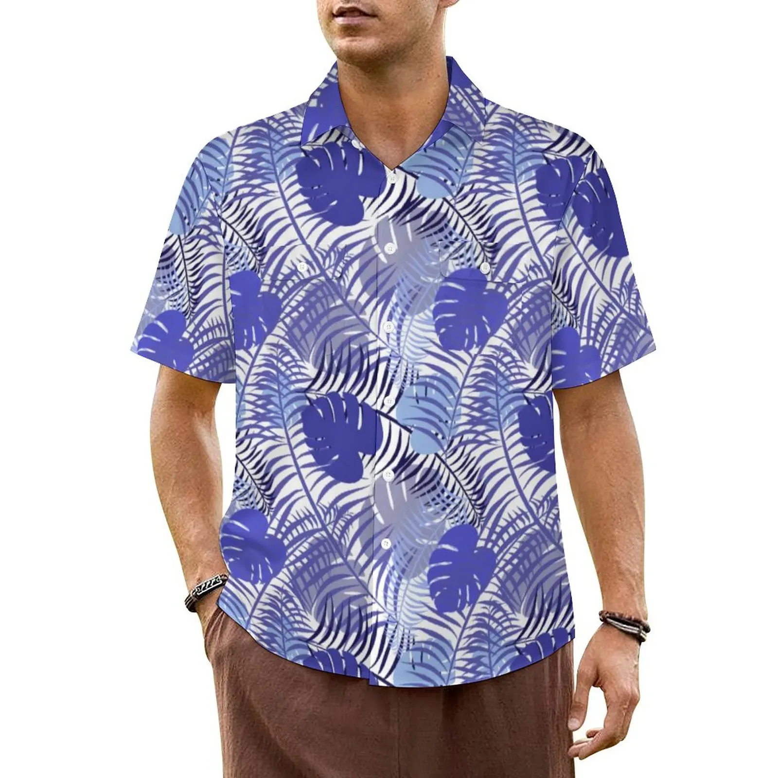 

Tropical Palm Leaf Vacation Shirt Blue Leaves Print Hawaii Casual Shirts Men Trendy Blouses Short Sleeve Streetwear Design Tops