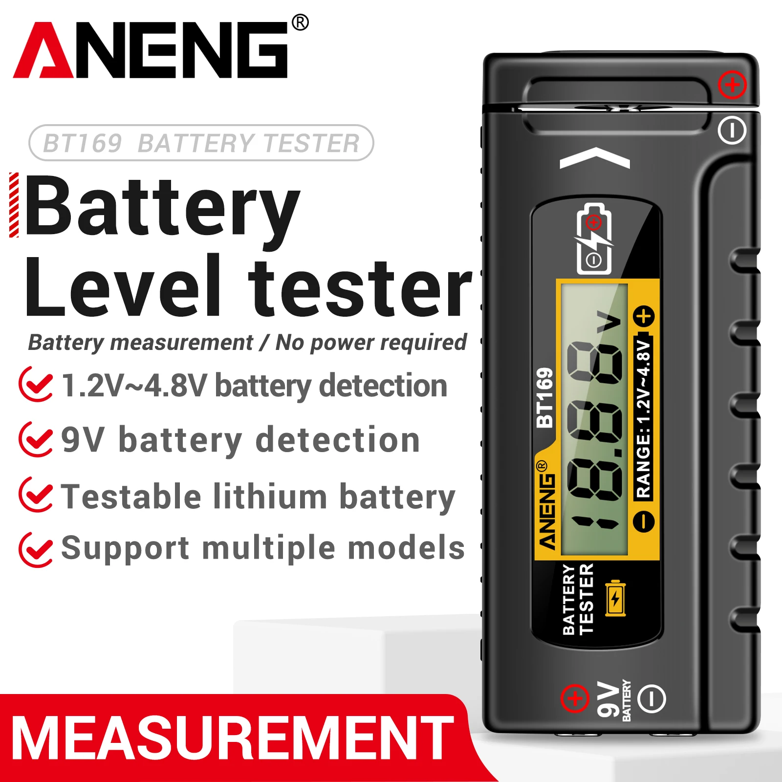 ANENG BT169 Battery Tester Portable 1.2V-4.8V Universal Battery Level Detector Compatible with AA/AAA/9V/18650/Button Battery