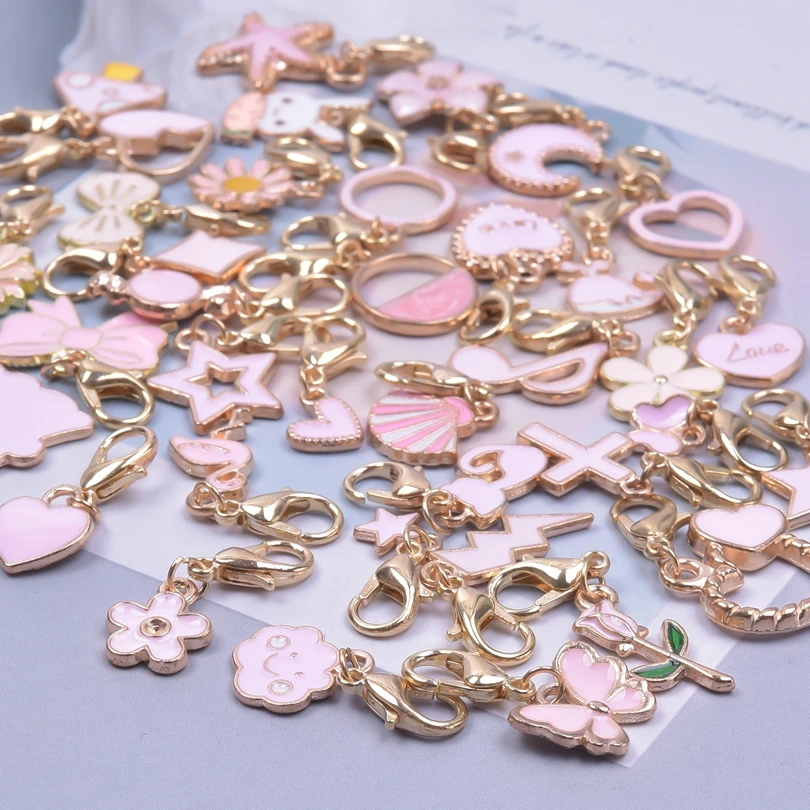 Mix Pink Flower Animal Charms With Lobster Clasp For Jewelry Making Supplies Cute Heart Moon Pendant DIY Backpack Keychain Charm