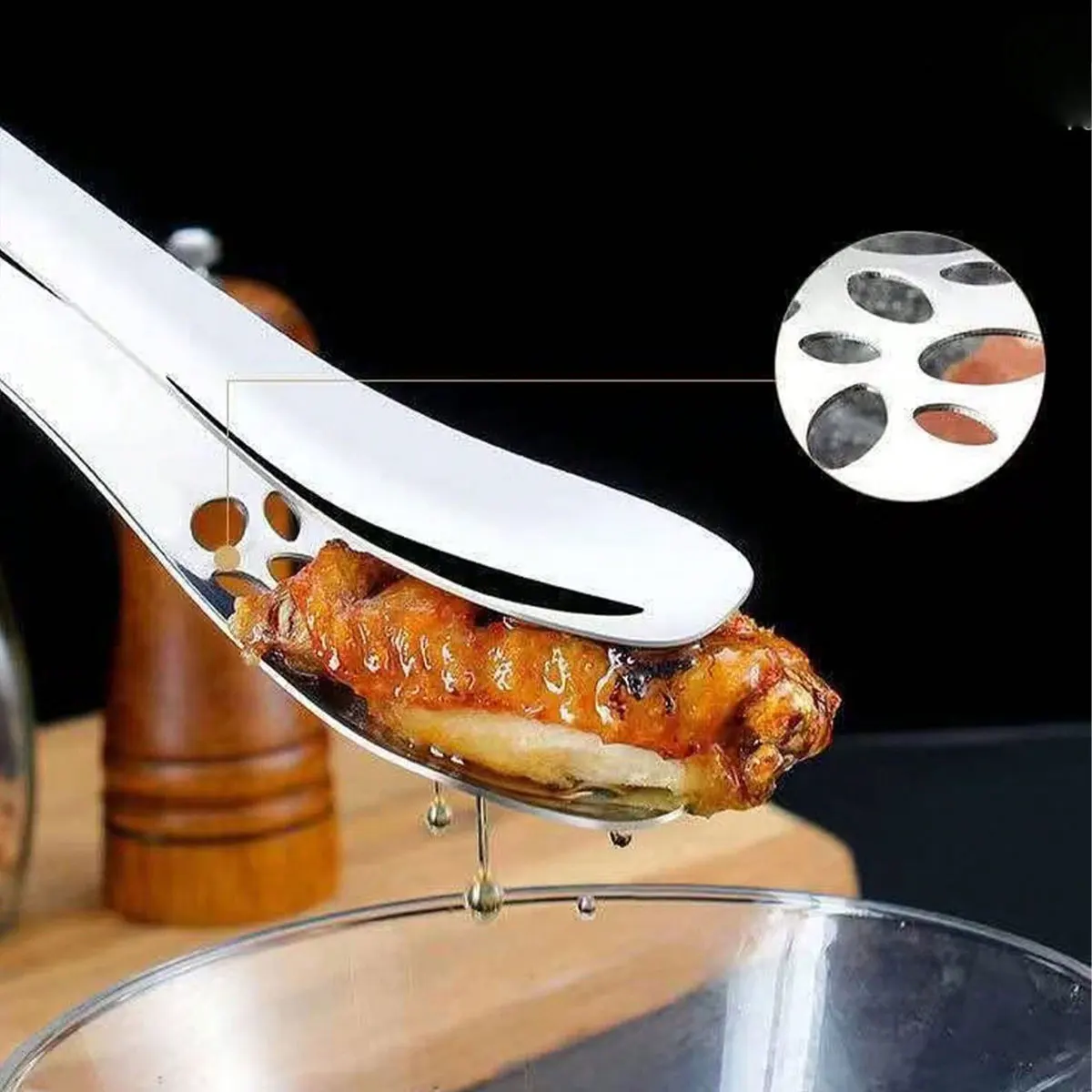 Thickened Stainless Steel Semi-Cutout Food Tongs for Frying, Grilling, Bread, Steak, and Pastry, Household Use, 1 Piece