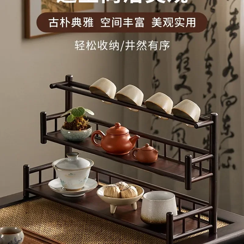 Solid Wood Tea Cup Rack Desktop Teapot Display Stand Chinese Style Small Storage Shelf for Kitchen Tableware Organization